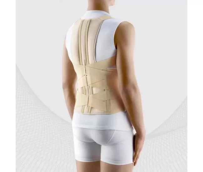 Elastīgs medicīniskais stājas korektors ar stingriem veidojošiem ieliktņiem mugurkaula apakšējiem skriemeļiem un jostas daļai, ELAST 0109-01