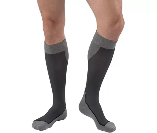 Medical sport compression stockings to the knees, covering the toes, CCL2, grey/black, JOBST Sport Socks