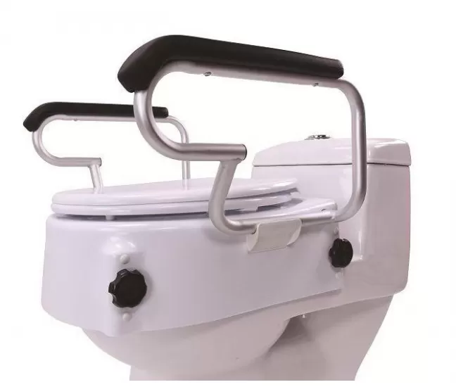 Raised toilet seat with lid and armrests