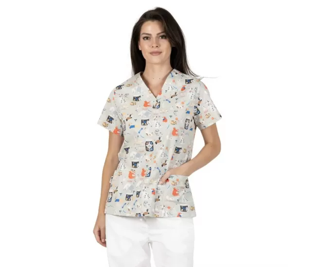 BAMBINA sieviešu medicīnas blūze, gaiši brūna ar dzīvniekiem