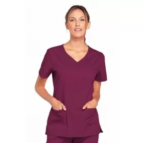 Cherokee Women's Stretch 3-Pocket V-Neck Top WWE4727 in Wine