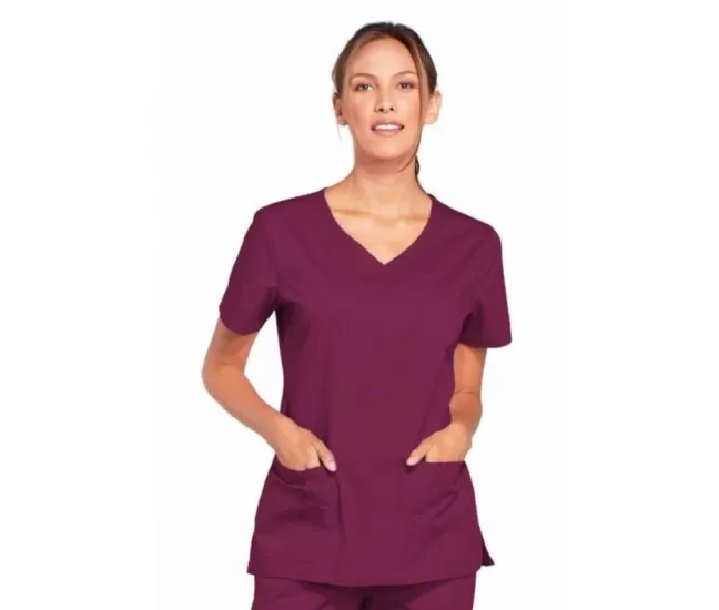 Cherokee Women's Stretch 3-Pocket V-Neck Top WWE4727 in Wine