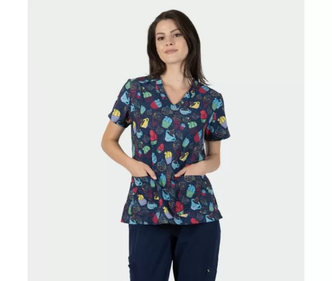 Women's Medical tunic ISABELLA, blue with cup cake