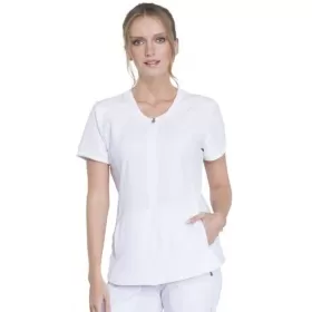 Women's Zip Front Round Neck Solid Scrub Top CK810A White