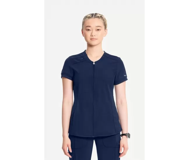 Women's Zip Front Round Neck Solid Scrub Top CK810A Navy