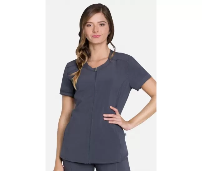 Women's Zip Front Round Neck Solid Scrub Top CK810A Pewter