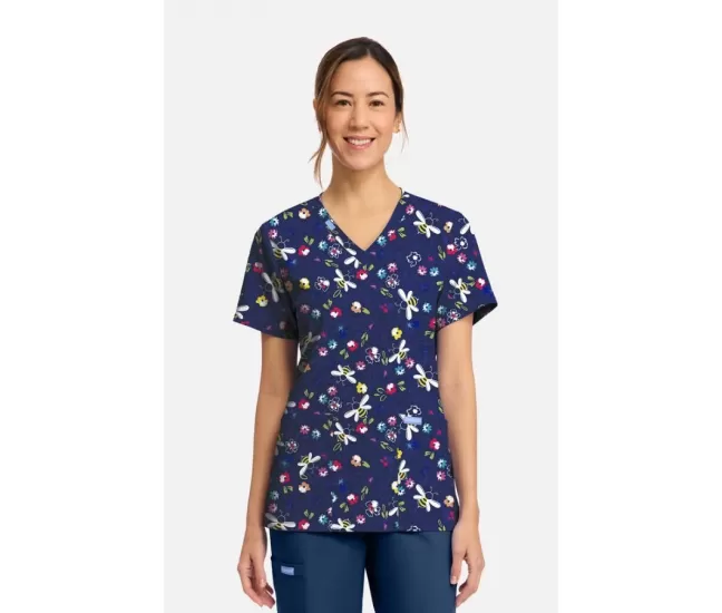 Women's Bumble Bee Bloom Print Scrub Top CK856 Bumble Bee Bloom